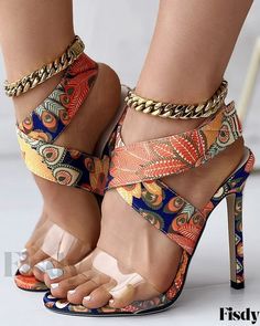 Fisdy - Exquisitas sandalias étnicas cruzadas con tacones finos transparentes Transparent Sandals, Modern Sandals, Flat Heel Boots, Orange Shoes, Womens Stilettos, Pumps Heels Stilettos, Estilo Chic, Long Sleeve Short Dress, Transparent Design