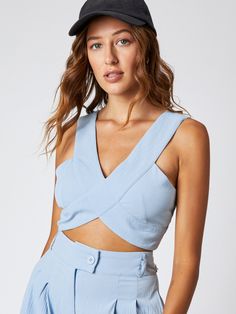 a woman wearing a blue top and shorts Versatile Blue Crop Top For Summer, Versatile Blue Summer Crop Top, Solid Texture, Textile Waste, Trendy Clothes For Women, Happy Hour, Cider, Crop Top, Crop Tops