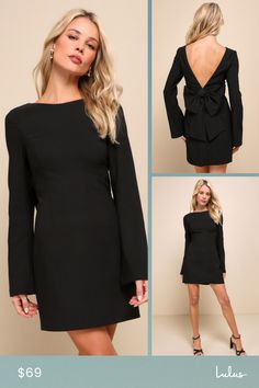 Make your debut in style with the Lulus Elegant Cutie Black Bow Long Sleeve Backless Mini Dress! This ultra-chic dress has a slightly stretchy woven composition that shapes an elegant boat neckline and a princess-seamed bodice, all framed by long, bell-style sleeves. High, fitted waist sits atop a figure-skimming bodycon skirt that ends at a mini hem. Turn around to reveal an open back design that finishes with an oversized bow detail. Hidden side zipper/clasp. Fit: This garment fits true to size. Length: Mid-thigh. Size medium Bust: Great for any cup size. Waist: Fitted - very fitted at natural waist. Hip: Loosely Fitted. Undergarments: May be worn with an adhesive bra, petals, or no bra. Fabric: Fabric has some stretch. Bodice and skirt are lined. Shell: 97% Polyester, 3% Spandex. Lining Mini Dress Backless, Mini Dress With Bow, Dress Backless, Lulu Fashion, Adhesive Bra, Backless Mini Dress, Body Con Skirt, Boat Neckline, Black Bow