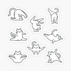 black and white stickers with cats in different poses on a white background, set of six