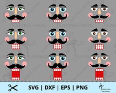 a set of six cartoon faces with different facial expressions and mustaches, including one man's face