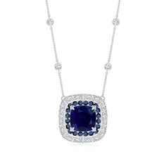 Elegant and exquisite, this sapphire necklace in platinum will turn heads. The cushion sapphire is claw-set amid a glorious double halo of diamond and sapphire accents. On the necklace are station diamonds that are secured in bezel settings. Halo Necklace, Double Halo, Sapphire Necklace, White Rose Gold, Bezel Setting, Sapphire Ring, Two Tone, Halo, Diamond Necklace