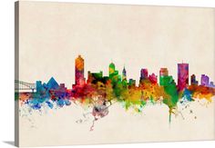 a colorful city skyline is shown in watercolor