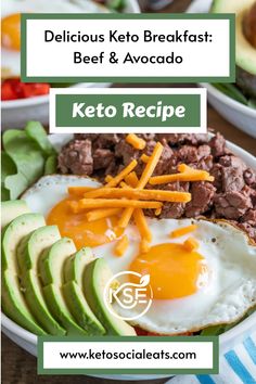 Beef, avocado, and eggs in a keto breakfast bowl.