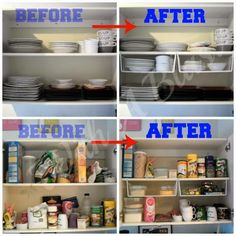 the before and after pictures of an organized pantry with plates, bowls, and other items