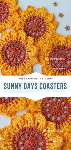 crocheted sunflowers with text overlay that says free crochet pattern sunny days coasters