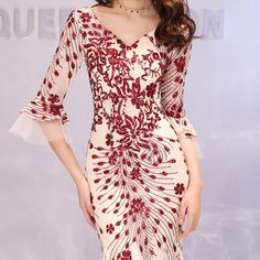 White Red Floral Evening Dress With Long Sleeves (Stunning) Long Sleeve Bodycon Evening Dress, Spring Evening Long Sleeve Bodycon Dress, Spring Long Sleeve Evening Bodycon Dress, White Long Sleeve Dress For Prom Season, White Long Sleeve Dress For Prom, Spring Long Sleeve Bodycon Evening Dress, Spring Long Sleeve Bodycon Dress, Summer Wedding Long Sleeve Bodycon Dress, Elegant Red Bodycon Dress For Party Season