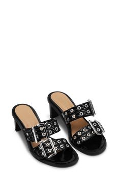 These Black Feminine Buckle Heeled Mule Sandals feature large metallic buckles, slip-in style and an open-toe. 56% polyurethane (bio-based), 44% cotton Large metallic buckles Open-toe Slip-in style Heeled Mule, Heel Accessories, Heeled Mules Sandals, Buckled Heels, Women's Mules, Mule Sandals, Sneaker Heels, Accessories Rings, Wide Straps