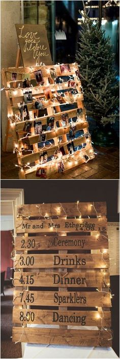 a wooden pallet with pictures and lights on it