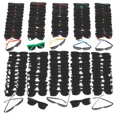 many pairs of sunglasses with different colors on them