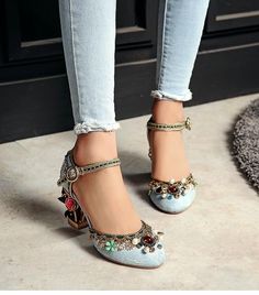 Floral Gem Studded Heels | mygoodyshop.com – MyGoodyShop Floral Bridal Shoes, Sandals Vintage, Wedding High Heels, Flower Heels, Basic Heels, Caged Heels, Studded Heels, Blue Heels, Wedding Sandals