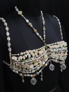 Beaded Shell Pearl Necklace, Pearl Beaded Necklace In Shell Shape, Beaded Pearl Necklace With Shell Shape, Pearl Beaded Body Jewelry For Party, White Beaded Pearl Body Jewelry, Bohemian Beaded Pearl Necklace For Party, Bohemian Pearl Necklace For Party, Beaded Top Outfit, Mermaid Shell Top