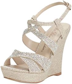 Amazon.com | David's Bridal High Heel Wedge Sandal with Crystal Embellishment Style BALLE8, Nude Metallic, 7 | Platforms & Wedges Silver Wedge Heels, Davids Bridal Shoes, Bridal Wedges, Wedding Wedges, Wedding Shoes Bride, Prom Heels, High Heel Wedges, Silver Sandals