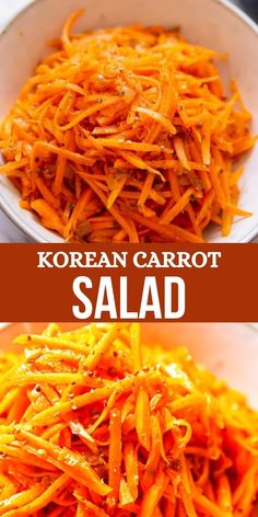 carrot salad in a white bowl with the words korean carrot salad on top and bottom