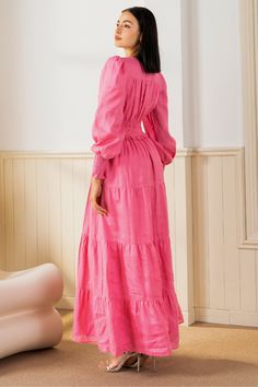 FINAL SALE! NO RETURNS. NO EXCHANGES. Georgia Maxi Dress will make a lasting impression at your next spring event! With an elastic waist, long sleeves, and tiered peasant skirt. LENGTH: 52" from top of shoulder FABRICATION: 100% Pink Linen STYLE#;DR-21450 Pink Linen-S24 Wash on cold and hang flat to dry *Model is wearing size XS Pink Maxi Dress With Elastic Waistband For Spring, Pink Spring Dresses With Elastic Waistband, Pink Dress With Elastic Waistband And Tiered Skirt, Pink Tiered Skirt Dress With Elastic Waistband, Pink Maxi Length Tiered Dress With Ruffle Hem, Spring Maxi Dress With Smocked Bodice And Long Sleeves, Pink Tiered Dress With Smocked Bodice, Long Sleeve Pink Dress With Smocked Cuffs, Pink Long Sleeve Dress With Smocked Cuffs