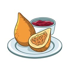 a piece of fruit on a plate next to a bowl with jam and a spoon