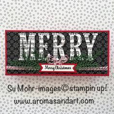 a christmas card with the word merry on it and pine branches in red, white and green