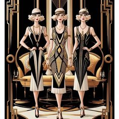 three women in art deco fashions standing next to each other on a black and gold background