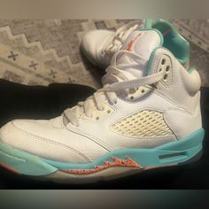 White/Light Aqua, Jordan 5, 6y Aqua Jordan 5, Jordan 5s, Jordan White, Shoes Jordan, Light Aqua, Kids Jordans, Jordan 5, Jordan Shoes, White Light