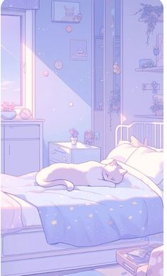 a cat laying on top of a bed next to a dresser in a room with blue walls