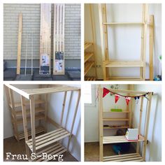 four different pictures of wooden shelves in various stages of being assembled and placed on top of each other