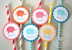 six baby shower straws with elephants on them and name tags in the middle one says, baby boy