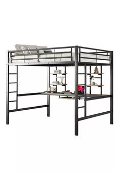 a metal bunk bed with desk and ladders on the bottom level, against a white background