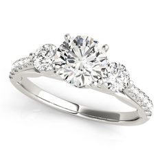 a white gold engagement ring with three stones on the side and two diamonds on the band