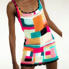 Gorgeous, Vibrant Crochet Mini Dress With Square Neckline. Scalloped Edges For A Unique Detail. - Knit Multicolor Mini Dress - Handmade Crochet Trim Details - 100% Cotton - Made In Uruguay, In A Fair Trade Environment - Length Is About 38-39” From Shoulder To Hem Bought For An Event And Didn’t End Up Wearing, Fantastic Nwt Quality! Really Unique Piece. Open To Reasonable Offers :) Chic Multicolor Crochet Dress For Summer, Multicolor Crochet Sleeveless Mini Dress, Sleeveless Multicolor Crochet Mini Dress, Multicolor Sleeveless Crochet Mini Dress, Chic Pink Crochet Dress For The Beach, Multicolor Patchwork Crochet Top For Summer, Chic Pink Crochet Dress For Beach, Pink Crochet Mini Dress, Pink Casual Crochet Mini Dress