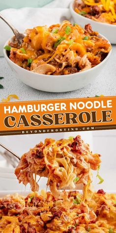 hamburger noodle casserole is being lifted from a white dish