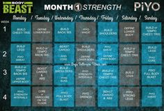 the body beast month 1 strength piyo chart is shown in blue and black colors