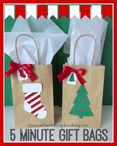 two brown paper bags with christmas decorations on them and the words 5 minute gift bags