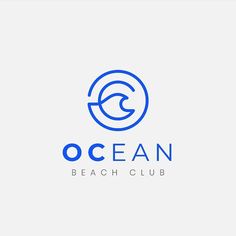 the ocean beach club logo is shown in blue on a white background with an oval shape