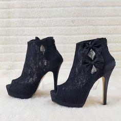 5 1/4" (13.3cm) Heel, 1 1/2" (3.8cm) Hidden Platform Lace Overlay Peep Toe Ankle Bootie With Double Side Bow Detail And Full Back Zipper New In Box Lace-up Platform Boots For Evening, Evening Lace-up Platform Boots, Glamorous Ankle-high Heels With 4-inch Heel, Glamorous Lace-up Platform Heels, Party Ankle-high Heels With Padded Heel, Party Boots With Wrapped Heel And Closed Toe, Lace-up Party Boots With Wrapped Heel, Elegant Platform Boots With Ankle Strap, Platform Open Toe Boots For Party