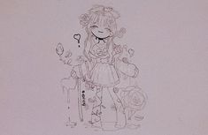 a drawing of a girl holding a teddy bear and standing next to a flower pot