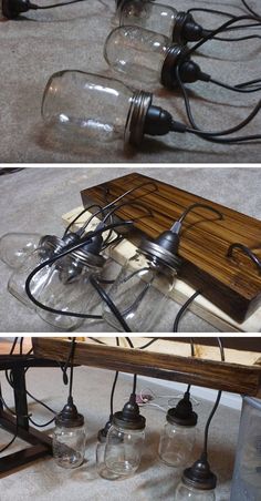 three different views of an electrical device with wires attached to it and some glass jars on the floor