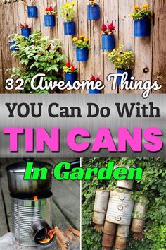 some tin cans with plants growing out of them and the words 32 awesome things you can do with tin cans in garden