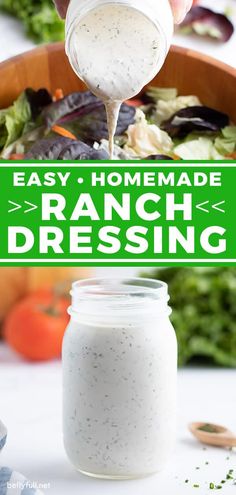 ranch dressing being drizzled over a salad in a jar with the words easy homemade ranch dressing