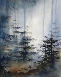 a painting of some trees in the fog