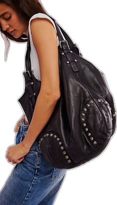 Edgy Large Capacity Leather Shoulder Bag, Edgy Leather Shoulder Bag With Large Capacity, Edgy Travel Tote Bag, Edgy Everyday Bags With Rivets, Trendy Everyday Bags With Rivets, Edgy Leather Shoulder Bag For Travel, Riveted Shoulder Bag, Chic Leather Bags With Rivets, Trendy Leather Hobo Bag With Snap Closure