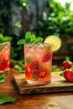 a drink with strawberries and lime on a wooden board next to some mint leaves