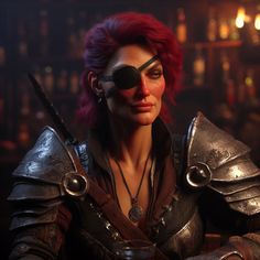 a woman with red hair wearing armor and holding a knife in her hand while looking at the camera