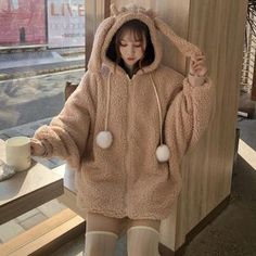 Bunny Ear Hoodie, Raincoat Outfit, Rok Mini, Plush Coat, Fur Hoodie, Hoodie Coat, Harajuku Fashion