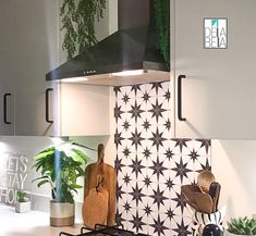 a stove top oven sitting inside of a kitchen next to a potted green plant