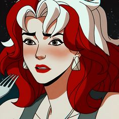 a woman with red hair is holding a fork