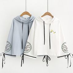 Blossom Embroidery Ribbon Loose Hoodie Spring Drawstring Crew Neck Sweatshirt, Spring Casual Sweatshirt With Embroidered Graphics, Casual Embroidered Sweatshirt For Spring, Spring Casual Sweatshirt With Drawstring, Spring Casual Drawstring Sweatshirt, Casual Drawstring Sweatshirt For Spring, Embroidered Long Sleeve Hoodie For Fall, White Drawstring Hoodie For Spring, White Hooded Top For Spring