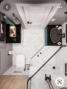 this bathroom has white marble walls and flooring with black accessories on the shelves above it