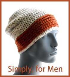 a crocheted hat on top of a mannequin head with the words simply for men written below it