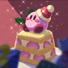 a cartoon pig sitting on top of a giant piece of cake with a christmas decoration