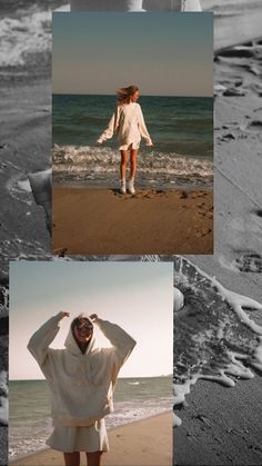 three different pictures of a woman standing on the beach